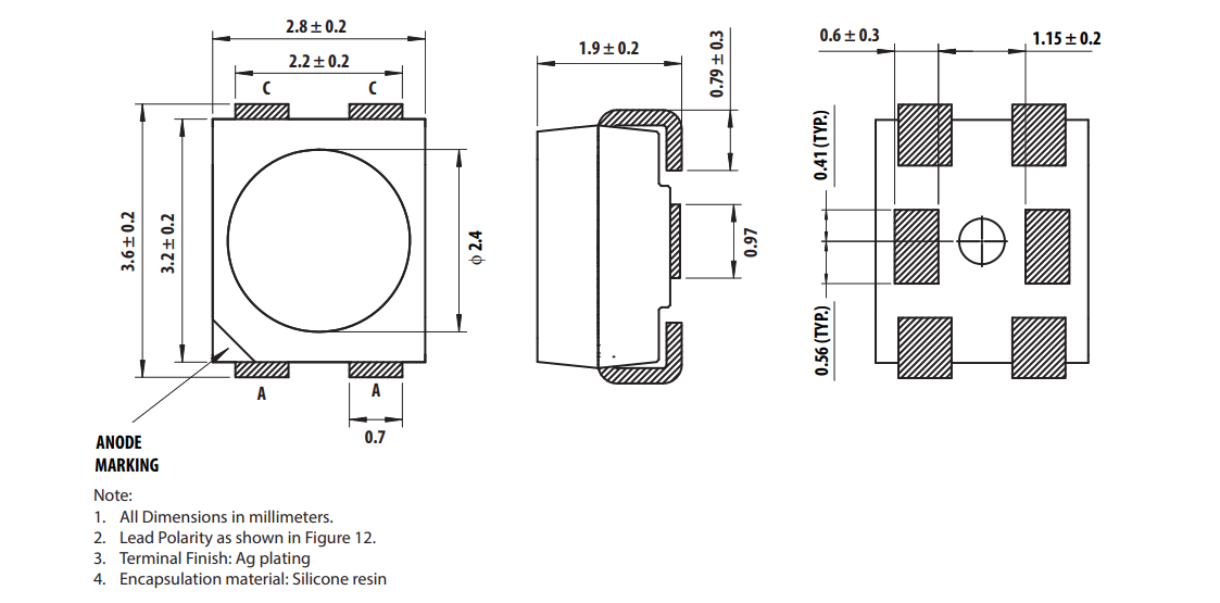 Mechanical Drawing - Broadcom ASMT-QxBD Super 0.5W Surface Mount LED Indicators